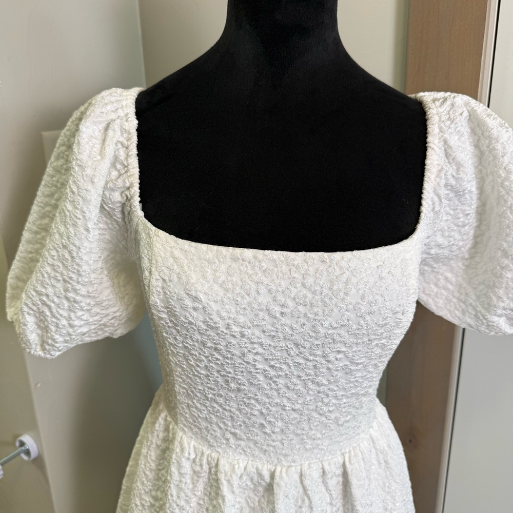 Lulus Puff Sleeve Midi Dress Floral Textured Corset Tie Back Stretch Bridal M - Picture 5 of 11